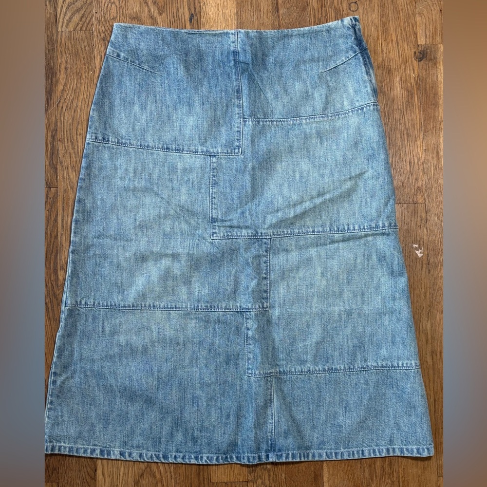 Vintage Denim Patchwork Midi Y2K Jean Skirt Size 4Tall Zipper Closure